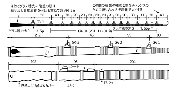 キス釣り名人の考案した竿の寸法・仕様図